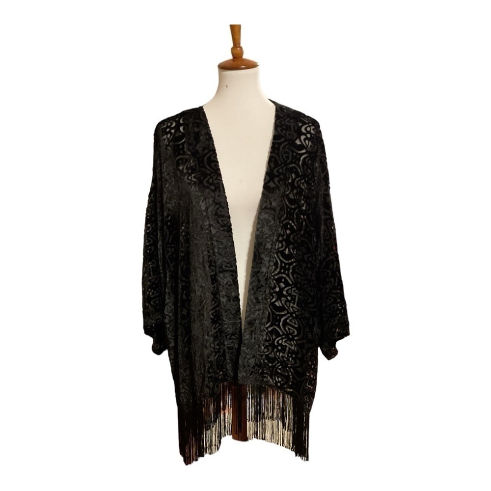 Cato Woman Black Velvet Burnout Kimono With Fringe Size 26/28W